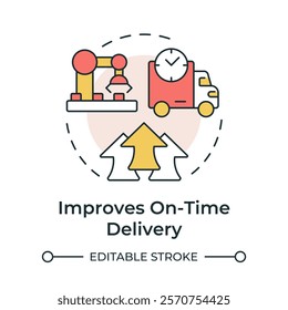 Improves on time delivery multi color concept icon. Shipment deadlines coordination. Benefit of MRP II. Round shape line illustration. Abstract idea. Graphic design. Easy to use in article