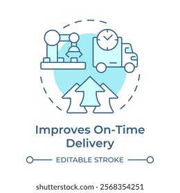 Improves on time delivery soft blue concept icon. Shipment deadlines coordination. Benefit of MRP II. Round shape line illustration. Abstract idea. Graphic design. Easy to use in article