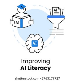 Improving AI Literacy Icon, AI Education Learning Concept, Artificial Intelligence Knowledge Enhancement Symbol, AI Skills Development Training Illustration Vector