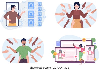 Improving brand awareness on social media flat concept vector spot illustration set. Editable 2D cartoon characters on white for web design. Bloggers creative ideas pack for website, mobile, magazine