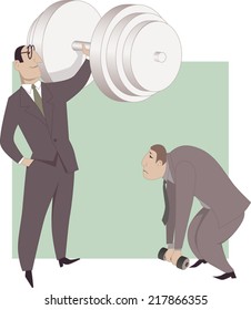 Improving business performance. A businessman easily pushing a huge dumb-bell while his colleague is not able to lift a small one, a metaphor for a difference in work performance