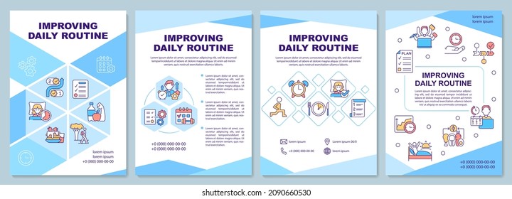 Improving daily routine blue brochure template. Life balance. Booklet print design with linear icons. Vector layouts for presentation, annual reports, ads. Arial-Black, Myriad Pro-Regular fonts used