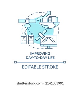 Improving Day To Day Life Turquoise Concept Icon. Space Exploration Benefit Abstract Idea Thin Line Illustration. Isolated Outline Drawing. Editable Stroke. Arial, Myriad Pro-Bold Fonts Used