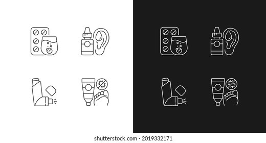 Improving disease symptoms linear icons set for dark and light mode. Effervescent tablets. Antifungal cream. Customizable thin line symbols. Isolated vector outline illustrations. Editable stroke