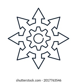 Improving efficiency, productivity, technology adoption. Concept. Vector line icon gear wheel, arrow pointer. White background.
