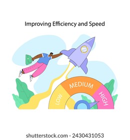 Improving efficiency and speed concept. Dynamic figure of man holds tightly to rocket with speedometer on foreground. The drive for rapid and effective performance. Flat vector illustration