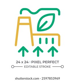 Improving green factory colorful line ui icon. Manufacturing plant with leaves. Clean industry providing. Eco friendly. Isolated vector duotone linear symbol. User interface element, pixel perfect
