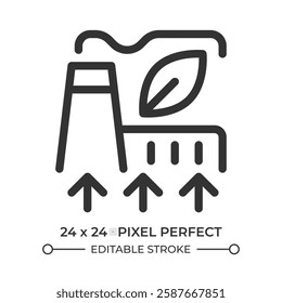 Improving green factory line ui icon. Manufacturing plant with leaves. Clean industry providing. Eco friendly. Isolated vector outline symbol. Webdesign user interface element linear, pixel perfect