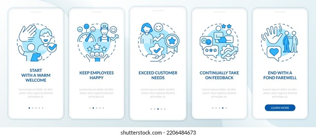 Improving hotel customer service blue onboarding mobile app screen. Walkthrough 5 steps editable graphic instruction with linear concepts. UI, UX, GUI template. Myriad Pro-Bold, Regular fonts used