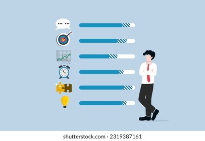 Improving individual skill set, skill training to be more effective employee, professional development concept, Businessman standing next to progress bar of skills which loading more.