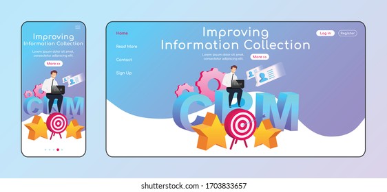 Mejora de la recopilación de información adaptable página de inicio plana plantilla vectorial de color. Flecha en el móvil de destino, diseño de página principal de PC. Hombre con interfaz de usuario del sitio web de una página para un portátil. Diseño multiplataforma de página web de CRM