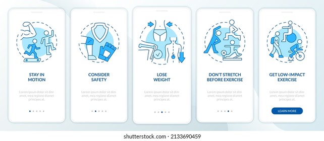 Improving joint health naturally tips blue onboarding mobile app screen. Walkthrough 5 steps graphic instructions pages with linear concepts. UI, UX, GUI template. Myriad Pro-Bold, Regular fonts used