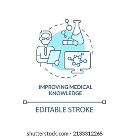 Improving medical knowledge turquoise concept icon. Clinical studies for patients abstract idea thin line illustration. Isolated outline drawing. Editable stroke. Arial, Myriad Pro-Bold fonts used