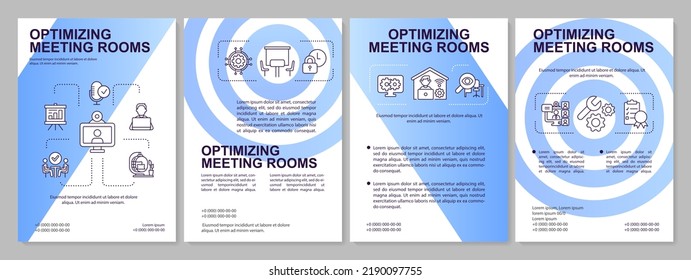Improving meeting rooms blue brochure template. Business. Leaflet design with linear icons. Editable 4 vector layouts for presentation, annual reports. Arial, Myriad Pro-Regular fonts used