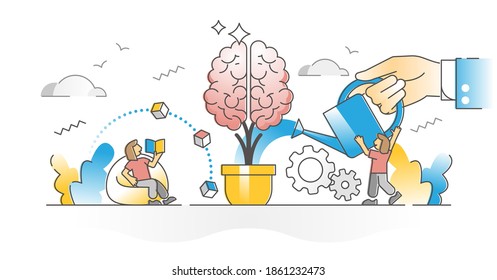 Improving memory with brain teasers and learning literature outline concept. Personal mind growth or development with help from teacher, tutor or couch vector illustration. Intellect improvement scene