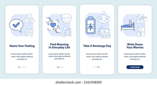 Improving mental health light blue onboarding mobile app screen. Therapy walkthrough 4 steps graphic instructions pages with linear concepts. UI, UX, GUI template. Myriad Pro-Bold, Regular fonts used