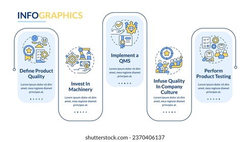 Mejora de la calidad del producto plantilla de infografía rectangular. Marca. Visualización de datos con 5 pasos. Gráfico de información de línea de tiempo editable. Diseño de flujo de trabajo con iconos de línea. Lato-Bold, fuentes regulares usadas