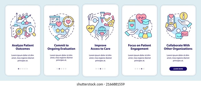 Improving quality of healthcare onboarding mobile app screen. Walkthrough 5 steps editable graphic instructions with linear concepts. UI, UX, GUI template. Myriad Pro-Bold, Regular fonts used