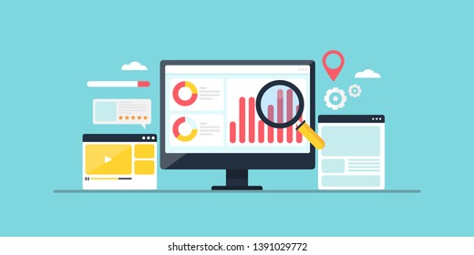 Improving ranking on search engine, Search engine traffic, Testing website SEO, flat design conceptual vector banner illustration