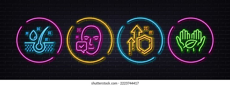 Improving safety, Face accepted and Serum oil minimal line icons. Neon laser 3d lights. Fair trade icons. For web, application, printing. Increased secure, Access granted, Healthy hairs. Vector