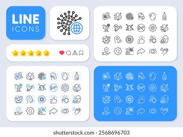 Improving safety, Health eye and Coronavirus line icons for web app. Message, Share, Like social media icons. Pack of Cough, Stress, Sodium mineral pictogram icons. Vector