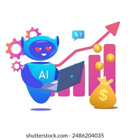 improving sales using an AI robot. Robot AI with hearts in eyes. Trading bot Stock trading concept Artificial intelligence dollar bag Abstract background