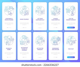 Improving self esteem blue gradient onboarding mobile app screen set. Therapy walkthrough 5 steps graphic instructions with linear concepts. UI, UX, GUI template. Myriad Pro-Bold, Regular fonts used