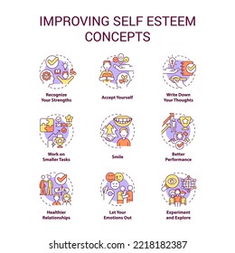 Improving self esteem concept icons set. Psychological support. Mental health idea thin line color illustrations. Isolated symbols. Editable stroke. Roboto-Medium, Myriad Pro-Bold fonts used