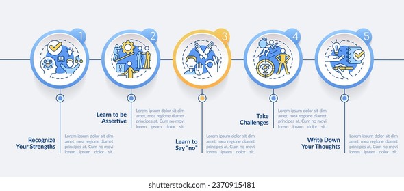 Improving self esteem ways circle infographic template. Data visualization with 5 steps. Editable timeline info chart. Workflow layout with line icons. Lato-Bold, Regular fonts used