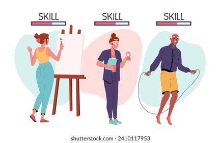 Improving skills concept. Artist with brush and canvas, chemist with flask with reagent, sportsman with jumping rope. Hobby and leisure. Cartoon flat vector illustration isolated on white background