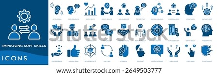 Improving Soft Skills icon set. Active Listening, Clear Communication, Empathy Growth, Conflict Resolution, Team Collaboration, Positive Attitude, Emotional Intelligence and Interpersonal Skills