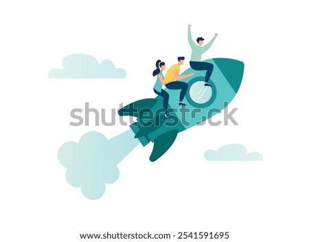 improving team productivity or innovation to achieve success, the concept of partnership or a successful startup, business people on a "rocket", a leader pointing the direction, vector illustration