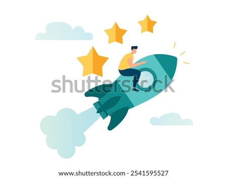 improving team productivity or innovation to achieve success, the concept of partnership or a successful startup, business people on a "rocket", a leader pointing the direction, vector illustration