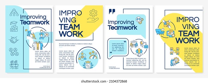 Improving teamwork blue and yellow brochure template. Booklet print design with linear icons. Vector layouts for presentation, annual reports, ads. Questrial-Regular, Lato-Regular fonts used