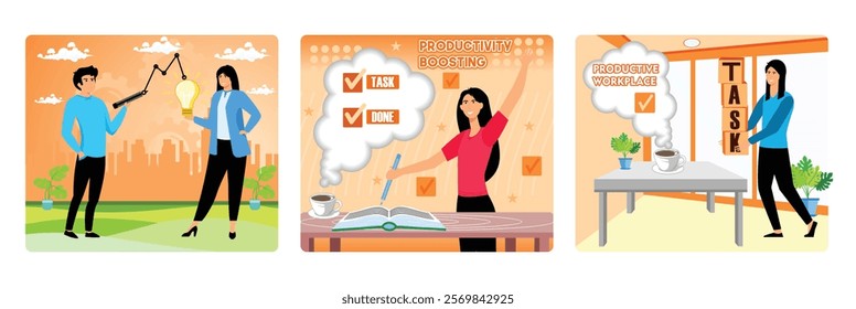 Improving their workflow. Task Checklist and Coffee. Focus on Task Management and Motivation. Set flat vector modern illustration 