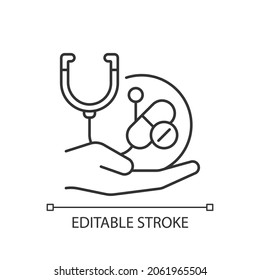 Improving Treatment Linear Icon. New Drug Development. Improve Standard Of Healthcare. Thin Line Customizable Illustration. Contour Symbol. Vector Isolated Outline Drawing. Editable Stroke