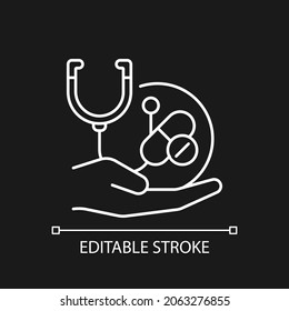 Improving Treatment White Linear Icon For Dark Theme. New Drug Development. Standard Of Healthcare. Thin Line Customizable Illustration. Isolated Vector Contour Symbol For Night Mode. Editable Stroke