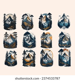 improving T-shirt style. Vectorized hiking T-shirt design. Funny Outdoor Retro Vintage Camper Camping T-shirt Design, with vintage-styled trees, mountains