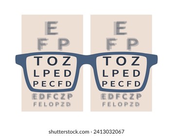 Improving vision with eyeglasses. Optometry test. Eyesight examination. Eyes treatment. Looking through glasses. Oculist consultation. Eyewear choose. Myopia correction. Vector concept