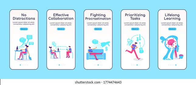 Improving work efficiency onboarding mobile app screen flat vector template. No distractions. Walkthrough website steps with characters. UX, UI, GUI smartphone cartoon interface, case prints set