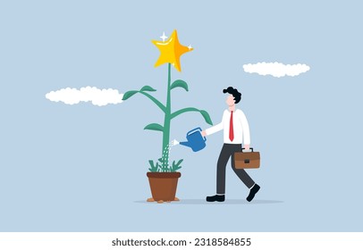 Improving work quality, strive to deliver exceptional result consistently, being professional with excellence concept, Businessman watering bright star tree to grow.