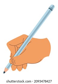 Improving writing or drawing skills using pen or pencil with sharp graphite. Isolated hand with tool, workshop or studio for artists, art school or lessons for students. Vector in flat style