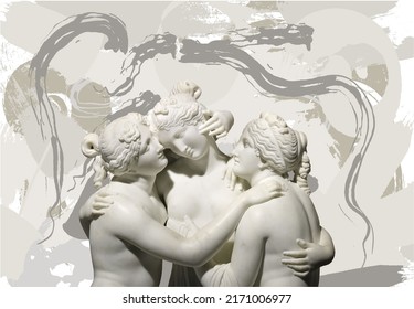 improvisation on the theme of the three graces, Italian sculpture, innocence, beauty and love, refinement of lines, subtle relation of color and form, painting, sculpture, vector, classics and modern 
