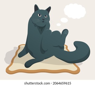 Impudent fat cat sits relaxed on rug. and dreams of food. Bubbles, clouds for text fly near head of gray cat. Cartoon vector