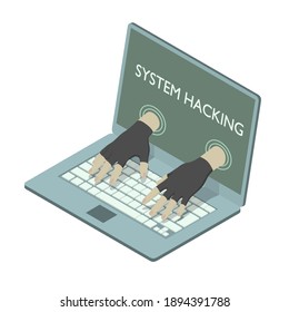 Impudent hacker is stealing data from laptop. Hands from screen are hacking a laptop in isometric.