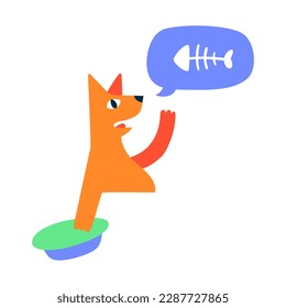 The impudent hungry red cat demands food. The cat is holding a bowl and asking for food. Speech bubble with fish skeleton. Hand drawn cartoon vector drawing. Domestic cat feeding, cat food.