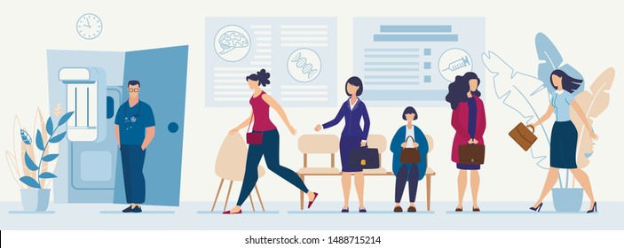 Impudent Woman Going in Doctor Office out of Queue. Indignant Female Visitor Trying to Stop Unmannered Client. Flat Cartoon Hospital Hall Interior. Man Therapist Waiting Patient. Vector Illustration