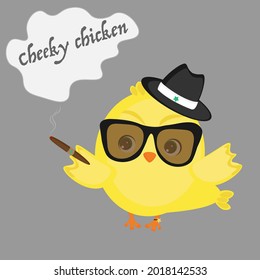 Impudent yellow little chicken with sunglasses and a hat with a cigar and spurs. Cigarette smoke around. Chick bully. Smoky chicken. Vector illustration