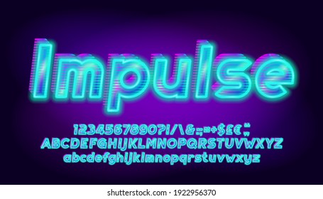 Impulse alphabet font. 3D effect bright letters, numbers and punctuations. Uppercase and lowercase. Retro-futuristic vector typescript for your typography design.