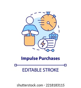 Impulse purchase concept icon. Buying behaviour. Unplanned shopping. Sales psychology abstract idea thin line illustration. Isolated outline drawing. Editable stroke. Arial, Myriad Pro-Bold fonts used